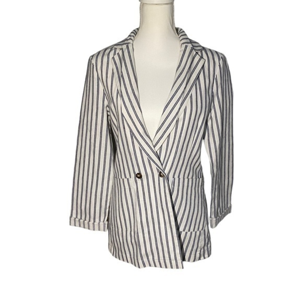 Addie Womens Size Small Striped Linen Blend Double Breasted Blazer